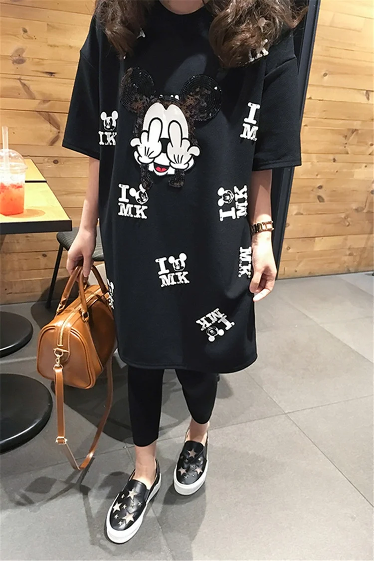 Maternity Clothings Pregnant Women Mouse Cartoon Printing Short Sleeve Dress Clothing Mommy Summer Tshirt Black Plus Size XL-4XL