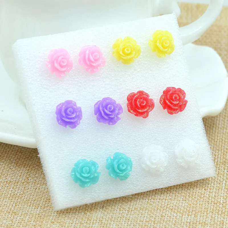 

6pairs/set Women Girls Candy Color Little Rose Flower Stud Earrings Set Resin Floral Earrings with glistering on the flowers