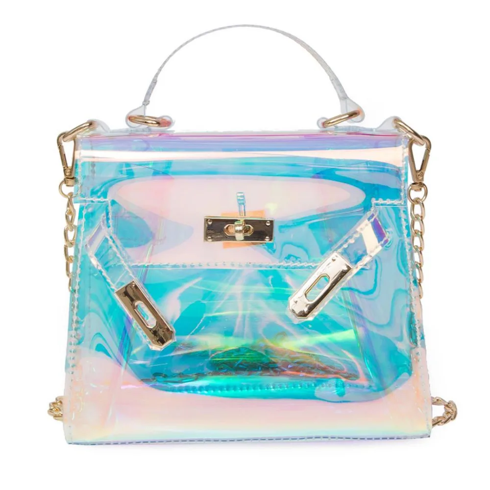 

Fashion Blue Transparent Handbag Holographic Stachel female Purse Clutch Women Chain Messenger Bag Large Laser Lock Beach Bag