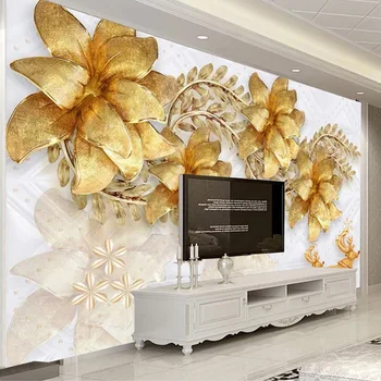 

Custom Wall Murals Gold Jewelry Flower 3D Photo Wallpaper Living Room TV Background Wall Home Decoration Mural Papel De Parede