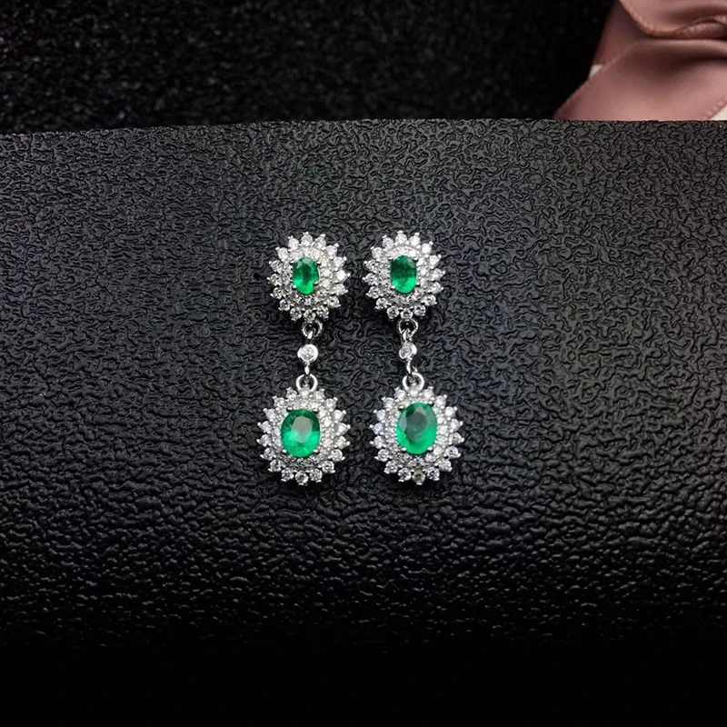 Серьги подвески из серебра 925 пробы с изумрудами 4 шт.|Серьги-подвески| |