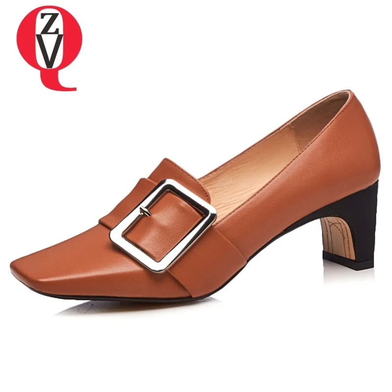 

ZVQ women shoes new fashion genuine leather high strange style slip-on square toe metal decoration outside lady pumps