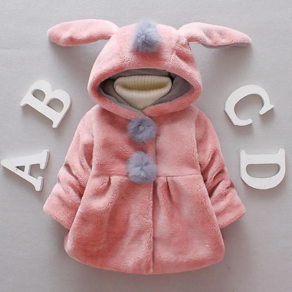 Коллекция года, зимняя детская куртка для девочек, пальто для младенцев детская толстовка с кроликом, верхняя одежда для детей пальто с мехом с длинными кроличьими ушками Милая Одежда для девочек - Цвет: Розовый