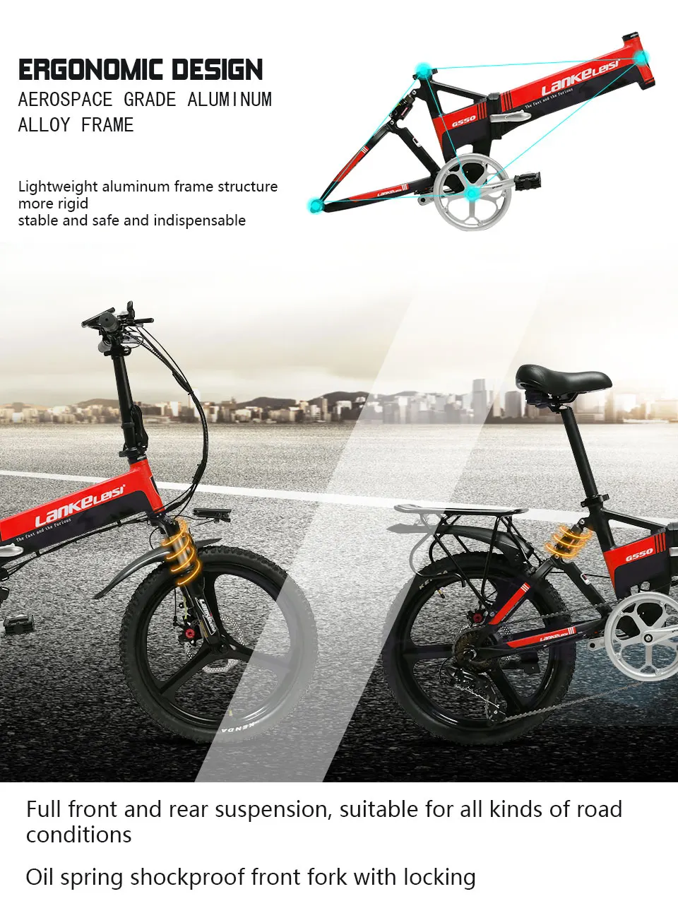 Clearance Cyrusher G550 Folding full suspension electric bike mechanical disc brake 7 speeds 3 knife wheel e bicycle 3