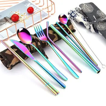 

Stainless Steel Portable 9 pcs Rainbow Dinnerware for home Kid Dinner Knife Fork Scoops Straw Bag Pouch Tableware Set