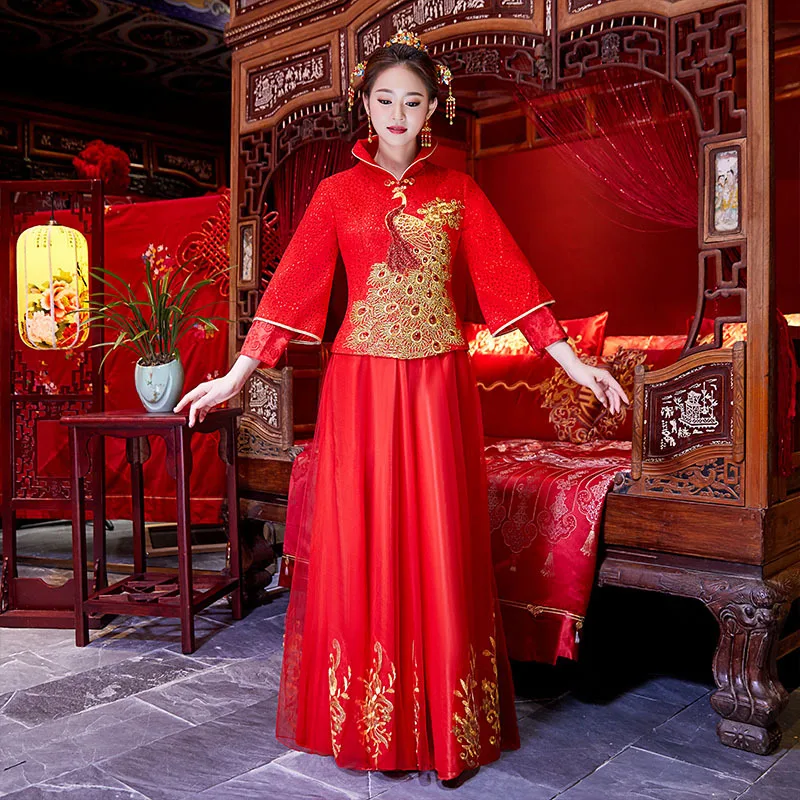 

Chinese Women Traditional Qipao Suzhou Embroidery Peacock Cheongsam Retro Mandarin Collar Wedding Dress Noble Gowns Vestidos