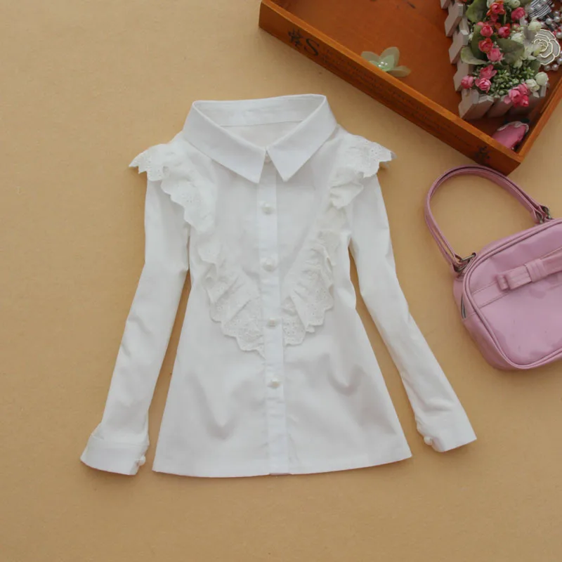 Белые рубашки для девочек, кружевные блузки с длинными рукавами, одежда для малышей, Детская школьная форма, топы для девочек-подростков 18 месяцев, 5, 7, 9, 11, 13, 14 лет - Цвет: Белый