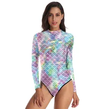 Сексуальный цельный купальник на молнии с длинным рукавом, цветной принт, рыбий масштаб, купальные костюмы, летние пляжные женские Монокини с высокой посадкой