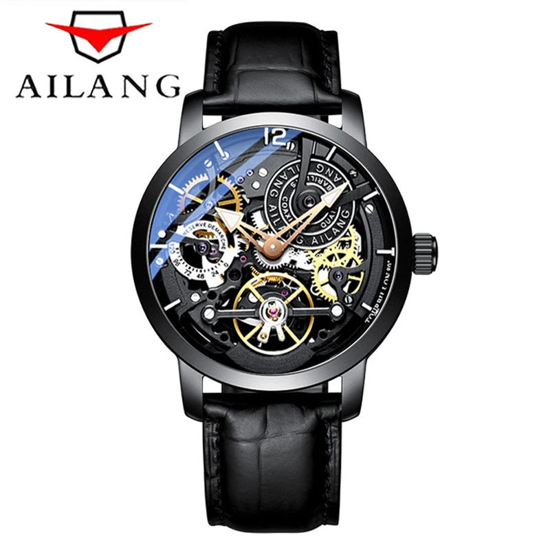 

AILANG Brand Men Automatic Watch Luxury Skeleton Mechanical Watches Men's Black Genuine Leather Clock Relogios Masculino 2019