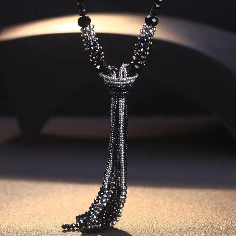 Европейский стиль модное ожерелье из блестящих нитей с бусинами высокого качества с кристаллами и длинными кисточками для женщин - Окраска металла: Black and silver