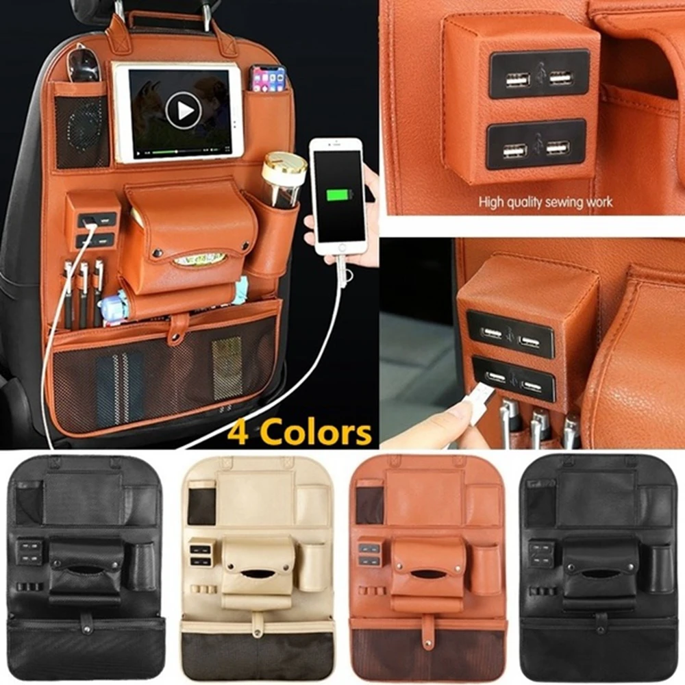 Best 4 USB Charger Storage Pu Leather Travel Multifunction Pocket Stowing Tidying Auto Accessories Car Seat Back Bag Car Organizer