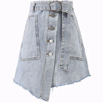 

Denim Skirt Women High Waist Hole Ripped Summer single breasted Irregular A Line Sexy Mini jeans Skirts