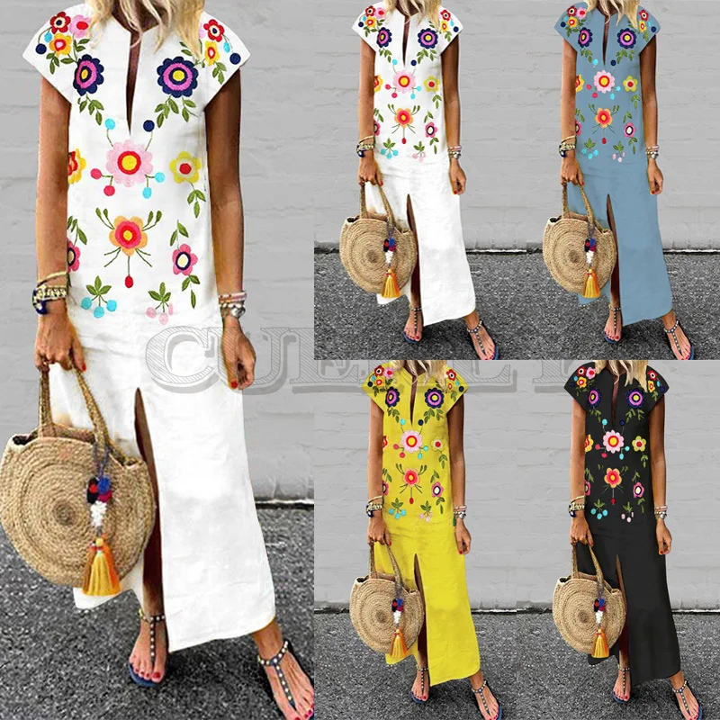 Image Plus Size Print Maxi Dress Women s Summer Sundress 2019 CUERLY Female V Neck Long Vestisos Short Sleeve Split Robe Femme