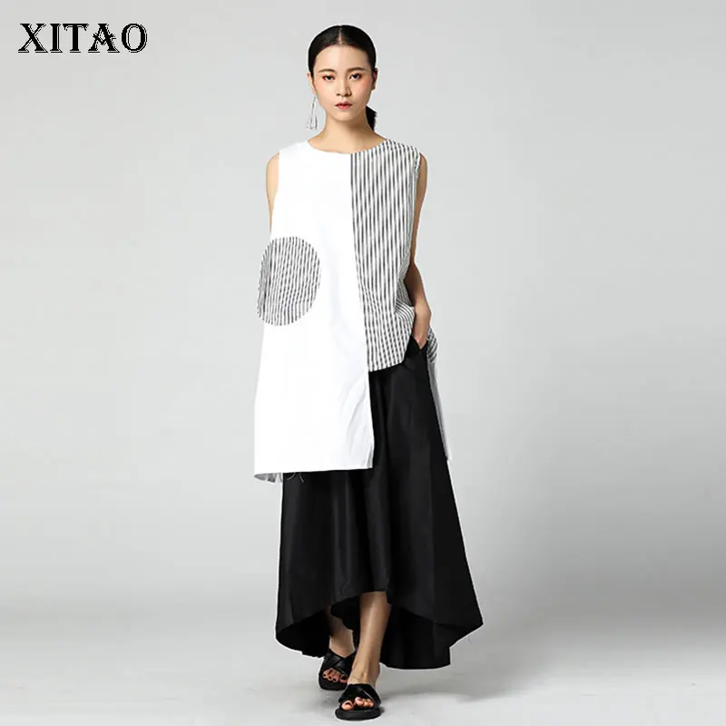 

XITAO Irregular Strep Splice Women Tank Top Casual Hit Color O Neck Sleeveless Womens Clothing Korean Style Summer New KZH1981