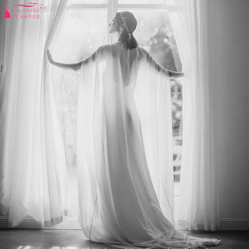 Long Chiffon One Layer Wedding Cape Bridal Jacket without sleeve 2m length Z992