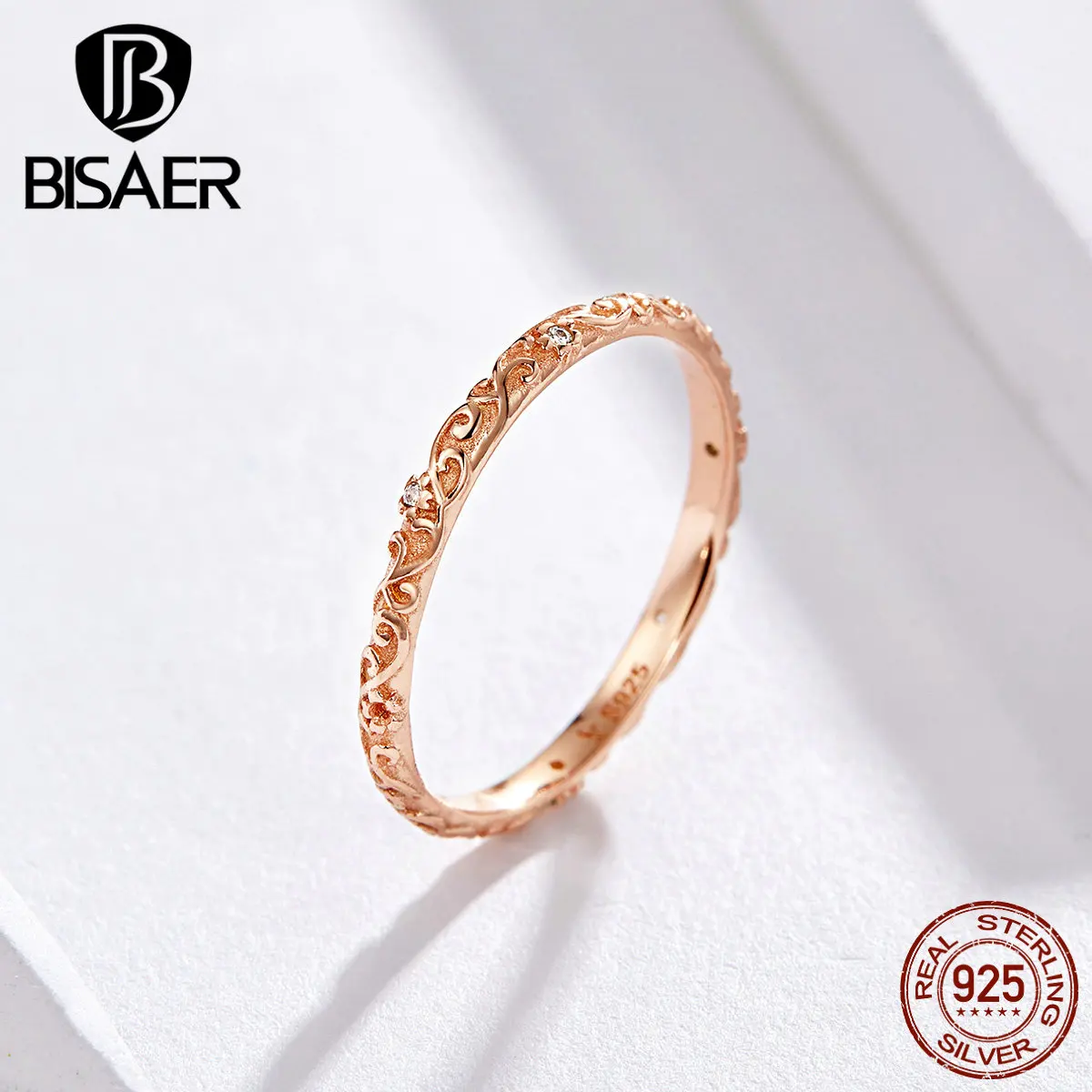 

BISAER Vintage Ring Anel 925 Sterling Silver Retro Pave Finger Rings for Women Rose Gold Color Wedding Ring Jewelry ECR514
