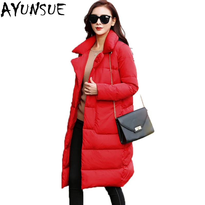 AYUNSUE, женский пуховик, зимняя куртка, пальто, длинная, свободная, утиный пух, парки,, модная, женская, красная, черная, теплая парка, манто, femme LX2232
