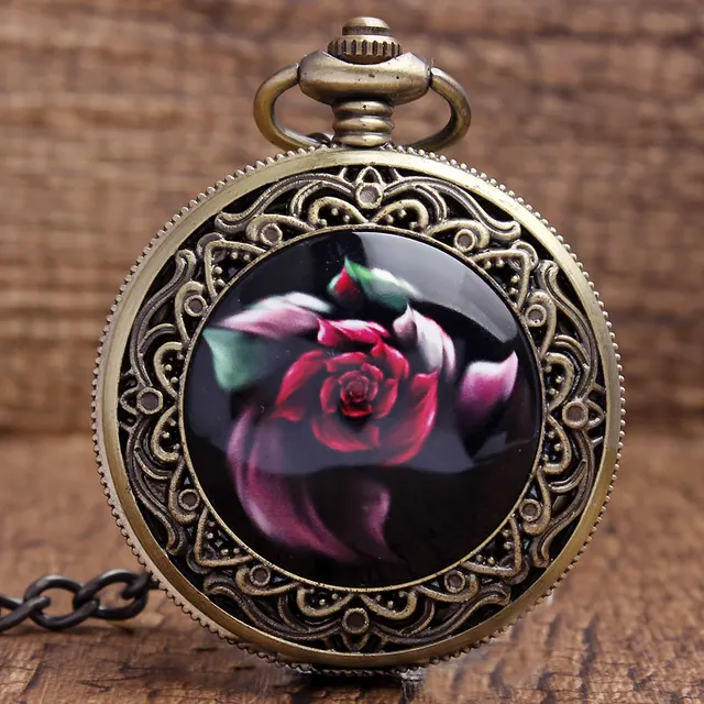 Vintage Rose Flower Carving Arabic Numerals Black Dial Quartz Pocket Watches Wit Vintage Rose Flower Carving Arabic Numerals Black Dial Quartz Pocket Watches Wit