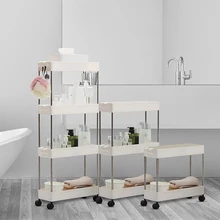 2/3/4 Layer Gap Storage Rack Kitchen Slim Slide Tower Movable Assemble Plastic Bathroom Shelf Wheels Space Saving Organizer