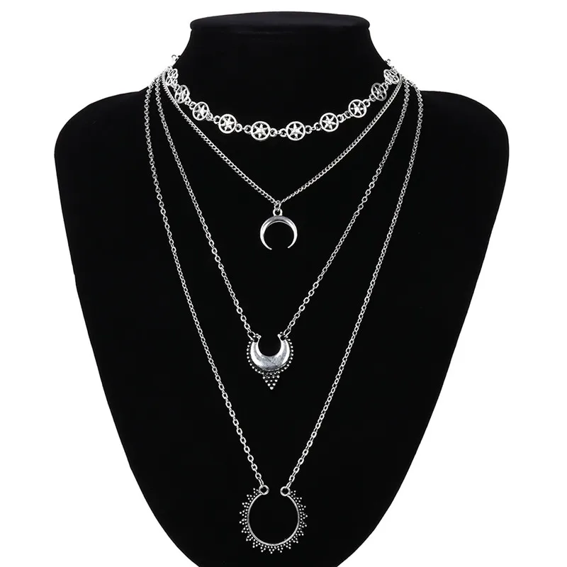 

1pc Multilayer Necklace Women Round Coin&Half Moon Pendant Necklace For Women Metal Gold Color Sequins Jewelry