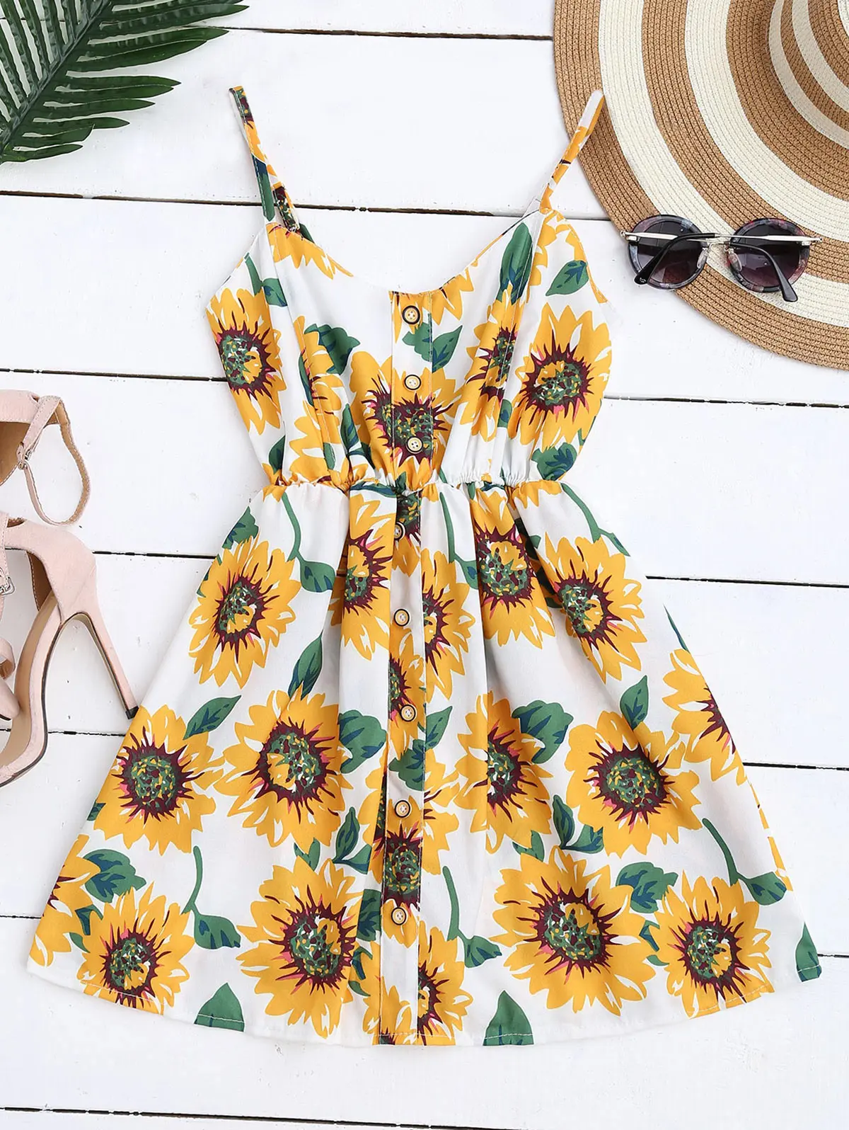 

ZAFUL New Beach Cover ups Smocked Floral Button Up Mini Beach Dress Women Sleeveless Spaghetti Strap Beach and Summer Cover-Ups