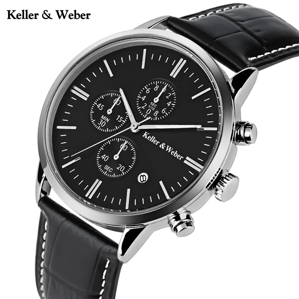 

Keller & Weber Mens Watches Top Brand Luxury Chronograph Quartz-watch Genuine Leather Male Sports 30ATM Waterproof Clock horloge