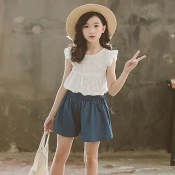 

2019 Summer Toddler Clothes Kids Lace Hollow Out Shirts Blouses For Big Girls Sport Suit Petal Sleeve Tops & Denim Shorts Outfit