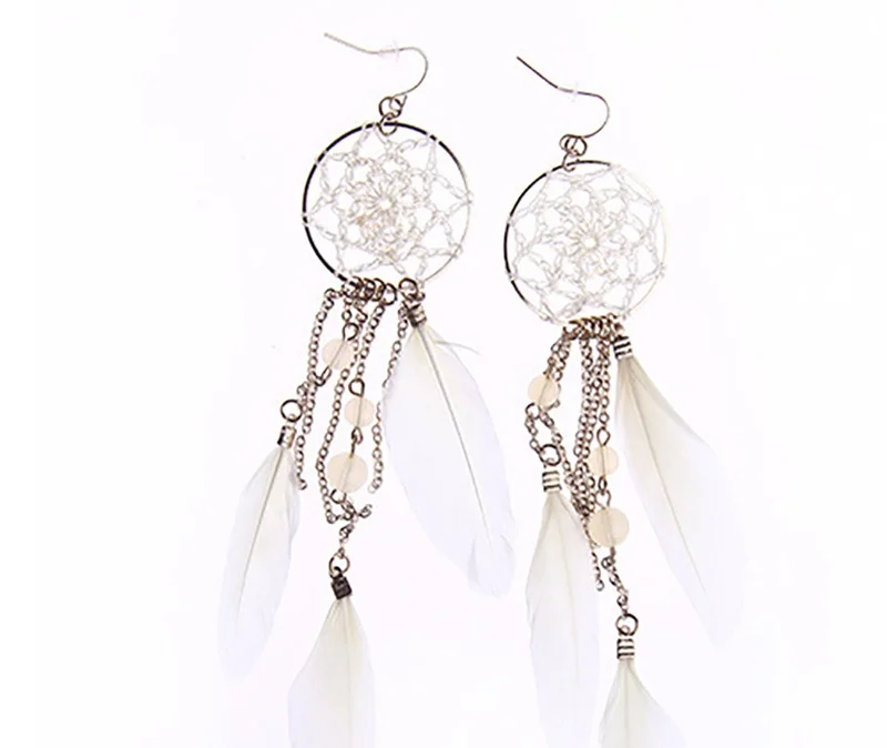

New Bohemia White Coffee Color Feather Beads Earrings Long Design Dream Catcher Drop Earrings for Women Jewelry Gift