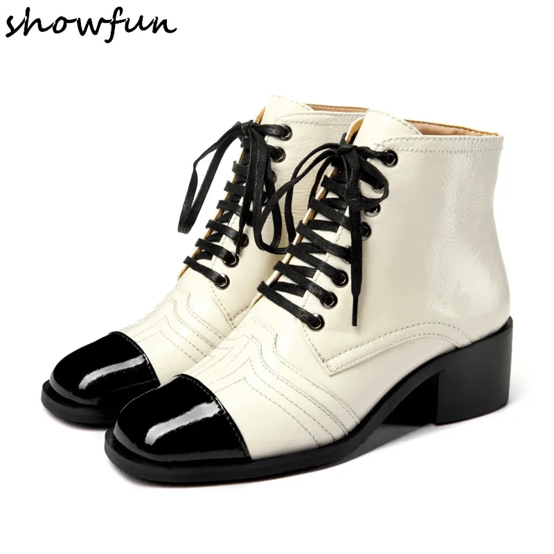 

3 Color Women's Genuine Leather Med Heel Lace-up Ankle Boots Brand Designer Square Toe Black Toe Patchwork Short Booties Sheos