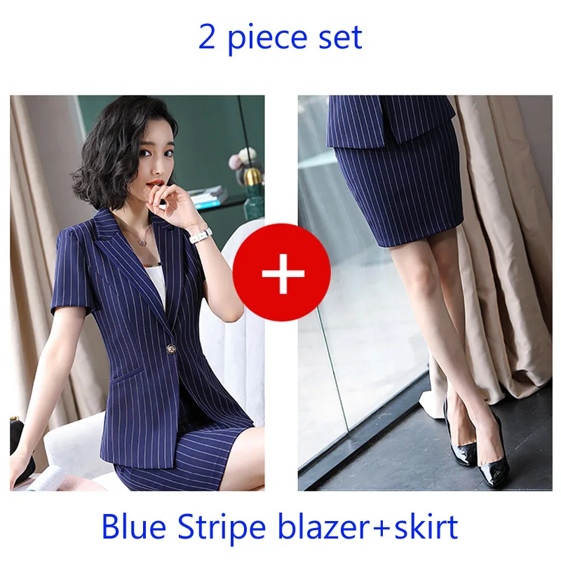 blue stripe skirt suit