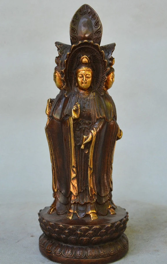 

10" Chinese Buddhism Bronze Gilt Four Sides Kwan-yin GuanYin Boddhisattva Statue