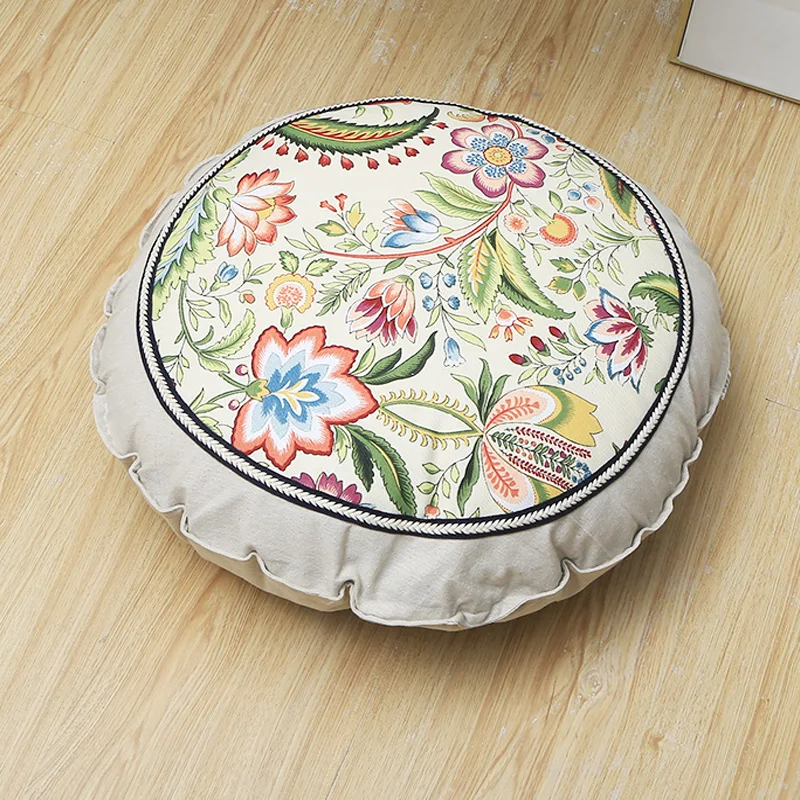 Tatami Round Cushion Japanese Style Cotton Linen Pastoral Floral Chair Cushion Printed Washable Pillow Meditation Sofa Cushion 