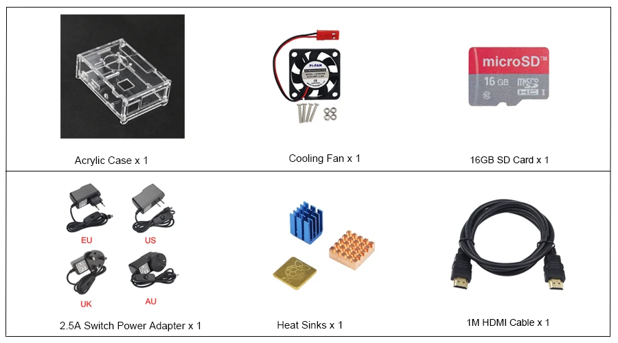 Raspberry Pi 3 Model B + набор аксессуаров акриловый чехол + 16 г SD карта + адаптер питания + вентилятор + теплоотвод для Raspberry Pi 3 Model B +