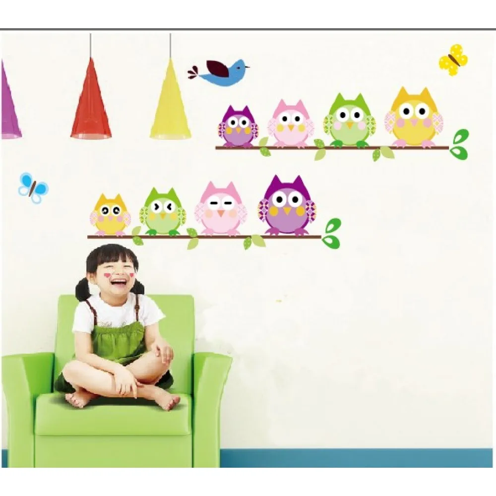 Eight lovely Owls Wall Stickers Colorful Owls Wall Decals Animal Decals Animal Stickers 1009 A+B