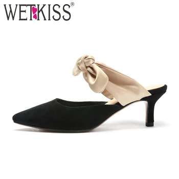 

WETKISS Women Genuine Leather Shoes Pumps Female Shoes High Heels Mules Sexy Lady Mules Shoes Women Clogs Pointed toe Mules 2019