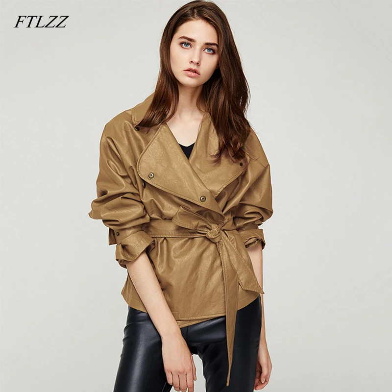 

FTLZZ 2019 Autumn Women Loose Washed Pu Leather Jacket Fashion Sashes Design Bright Colors Coats Ladies Basic Jackets Outwear