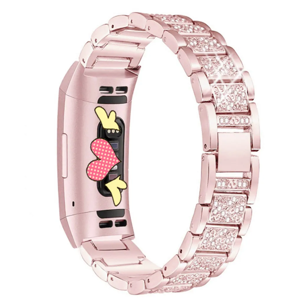 

Fashion Luxury Women Watchbands For Fitbit Charge 3 Stainless Steel Crystal Bracelet Smart Watch Band Strap Hook Buckle Gifts