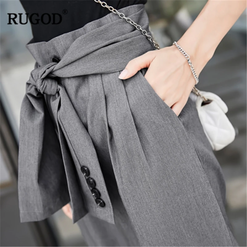 

RUGOD 2019 New Arrival Women Bandage High Waist Loose Pants Slim Pockets Smooth Straight Trousers Multi-matched Korean Office