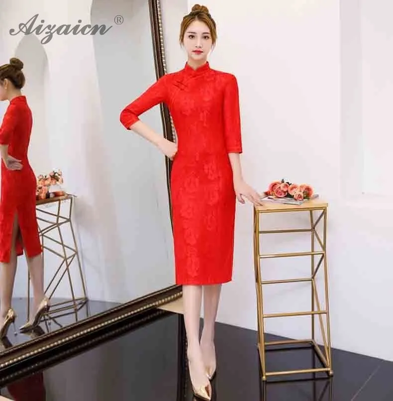 Красные весенние платья кружевное длинное Cheongsam Модное Элегантное тонкое Qi Pao Женская традиционная китайская одежда Chinoise вечернее Ципао