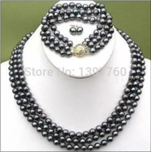 

Miss charm Jew.87 Elegant 3 ROWS Black 8-9 mm Akoya pearl necklace bracelet earring set (A0516) -Top quality free shipping