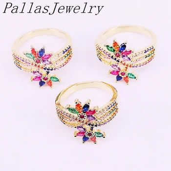 

6Pcs NEW Fashion Gold Color Rainbow CZ Flower Finger Rings for Women Party Jewelry