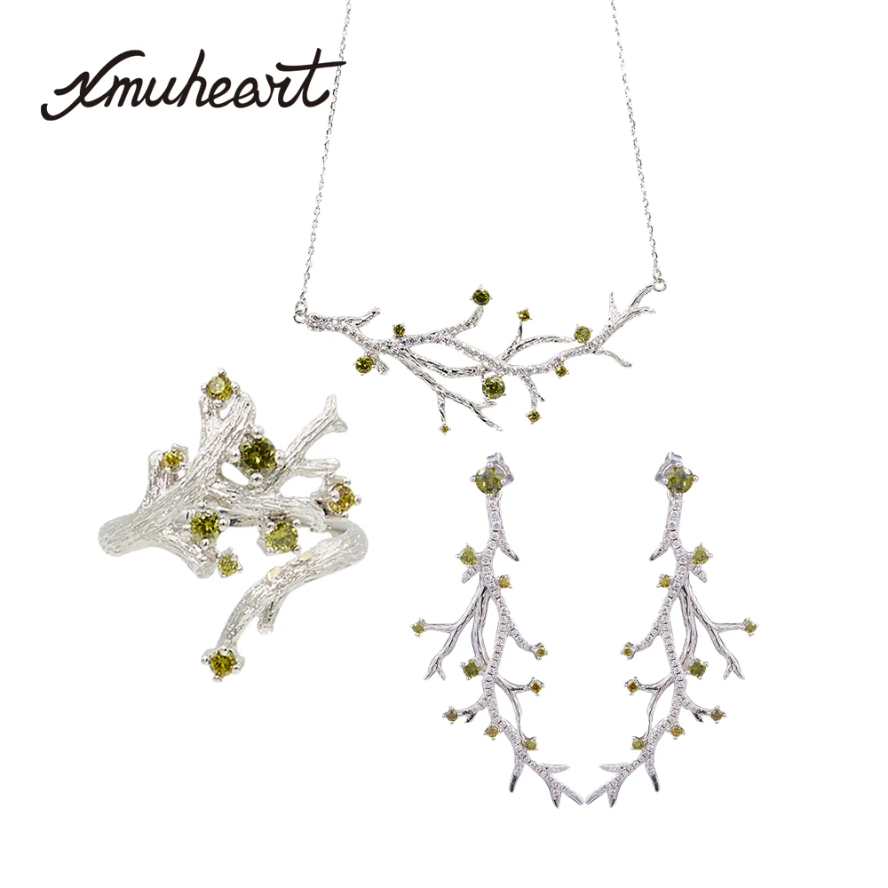 XMUHEART Fashion Jewelry Set For Women Earrings Necklace Rings 3 Pcs Copper Femme Stud High Quality Crystal | Украшения и