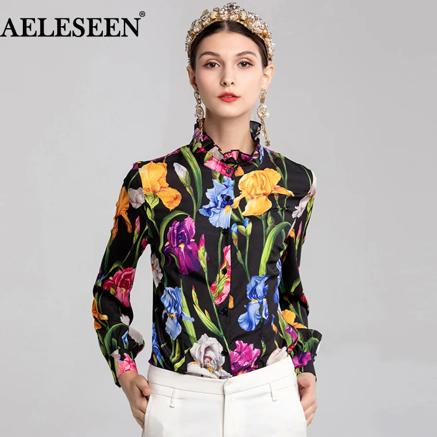 

AELESEEN Fashion Full Sleeve Shirts 2018 Autumn New Luxury Women Shirt Floral Printed Ruffled Collar Women Designer Blouses XXXL