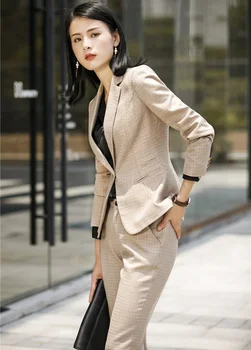 

Novelty Apricot High Quality Fabric Ladies Uniform Styles Pantsuits With Tops and Pants for Women Business Work Wear Pants Suits