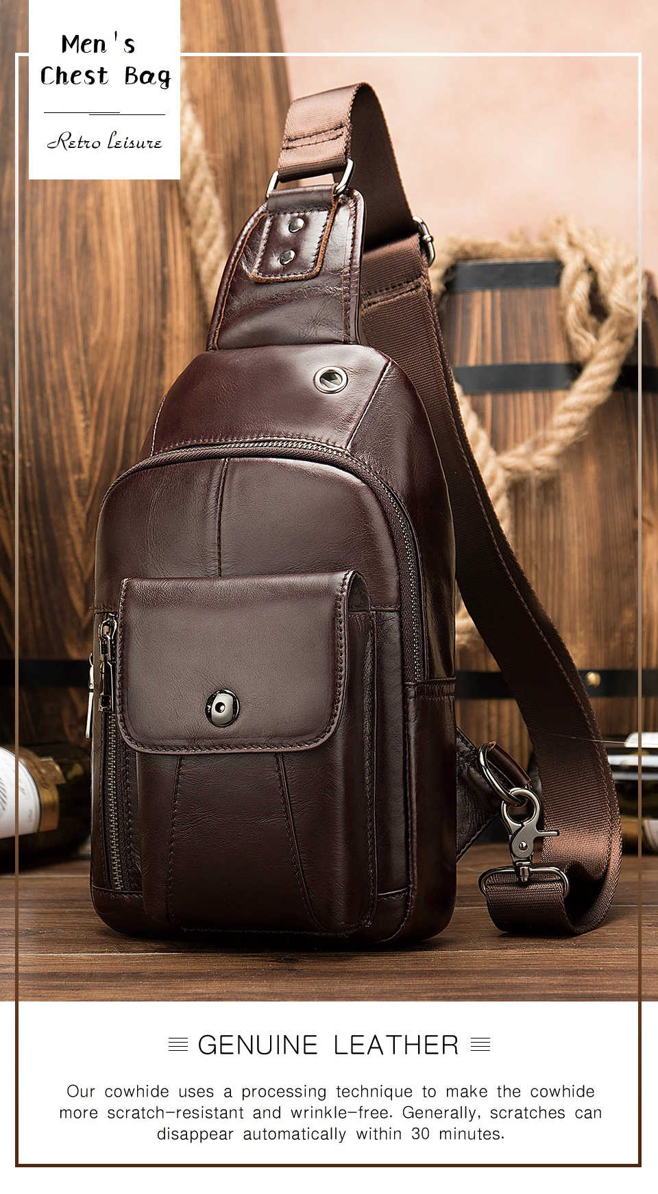 1 Cowhide Leather Men's Chest Bag for Men Shoulder Bags Chest Pack Travel Functional Organizer Male Summer Messenger Sling Bag