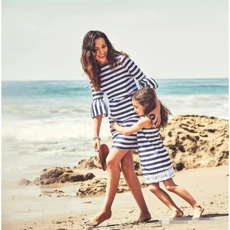 

Mommy and Me Clothes Mom Girl Striped Matching Dress Family Look Family Matching Outfits Mama Mum Daughter Summer Beach Dresses