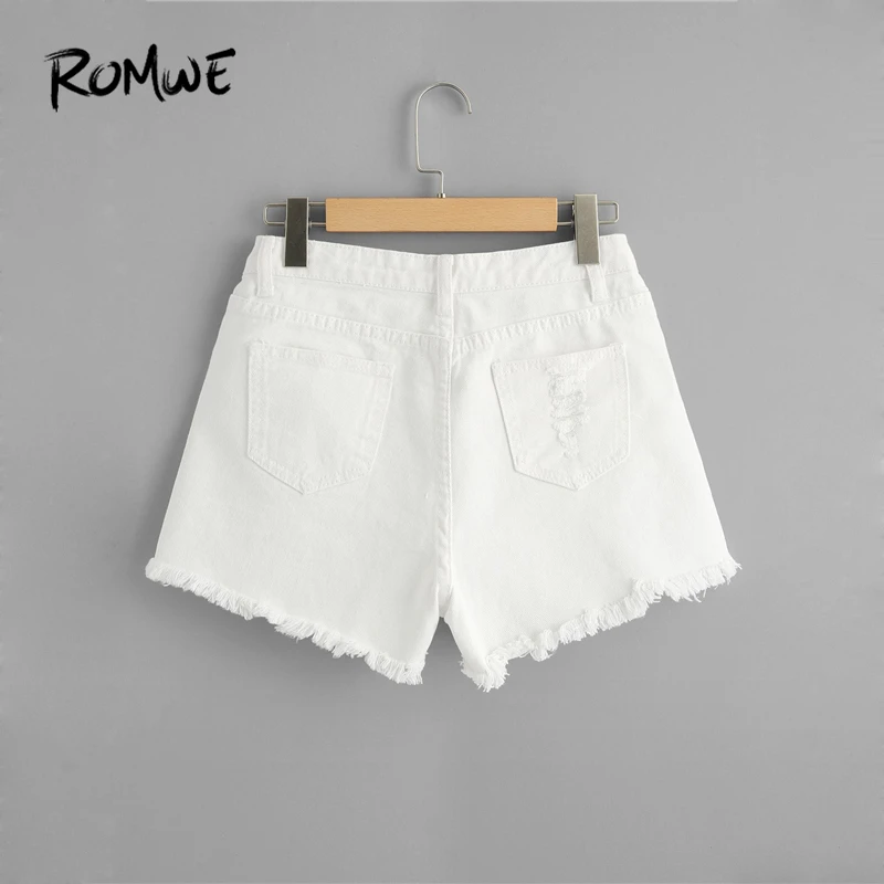 ROMWE/Рваные джинсовые шорты с потрепанными краями, отличные белые женские летние шорты, модные Гламурные женские шорты на пуговицах