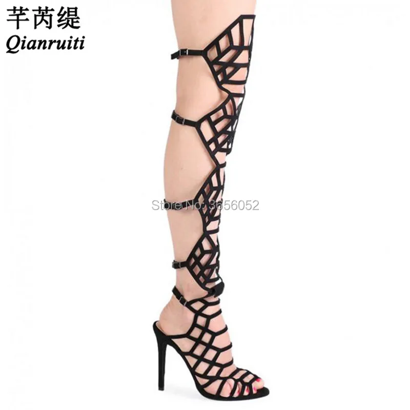 

Qianruiti Buckle Straps Black Shoes Cut Outs Caged Long Gladiator Sandals Summer Booties Women Sexy High Heels Thigh High Boots