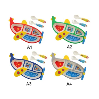 

Bamboo Fiber Children's Plate Aircraft Shape Grid Bowl Eating Fork Spoon Set Baby Feeding Tableware Set