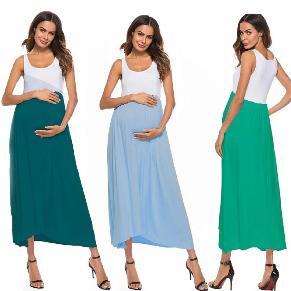 

Hot sale Women Maternity Dress Sleeveless Ruched Cotton Blend Color Block Maxi Maternity Dress summer Daily Causal Dress